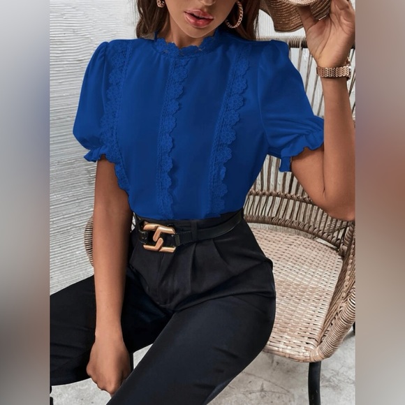 Tops - Contrast Guipure Lace Puff Sleeve Blouse
